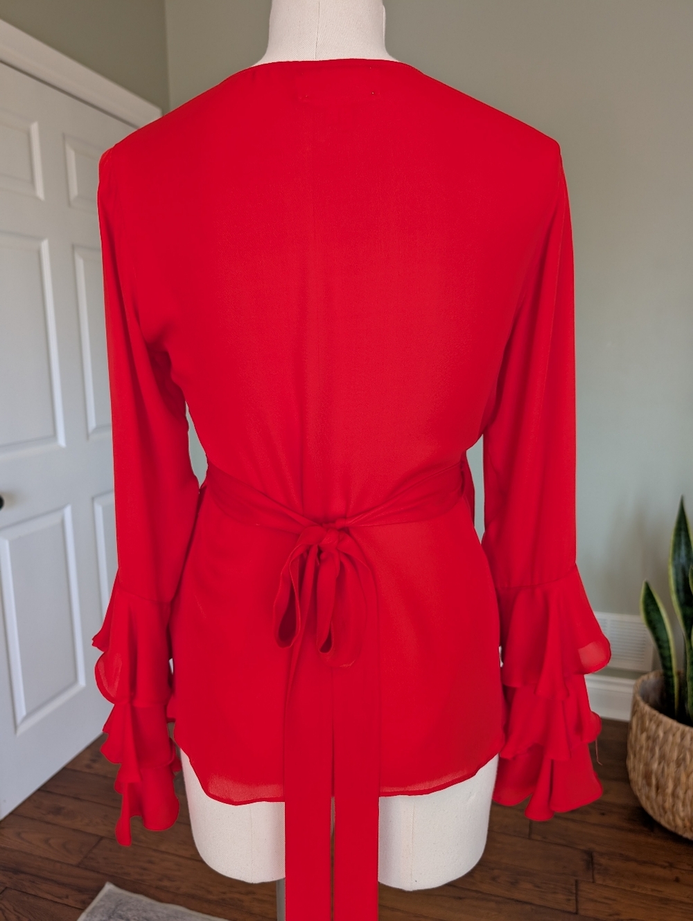 Red Ruffle-Sleeve Tie-Back Blouse